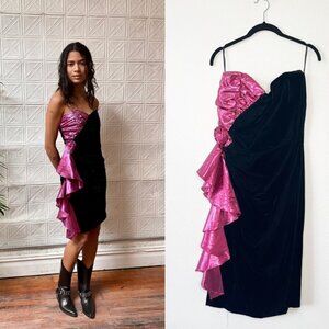 VTG Gunne Sax 80’s Strapless Velvet Pink Ruffle Prom Party Retro Dress Size 13